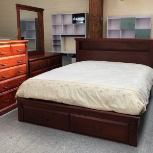 Vina Sturdy Wood Bed with Shelf and Built-in Drawers